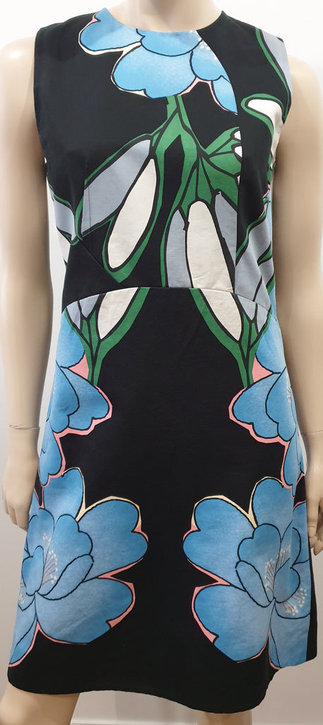 MARNI Black Multi Colour Cotton Linen Bold Floral Print Sleeveless A Line Dress