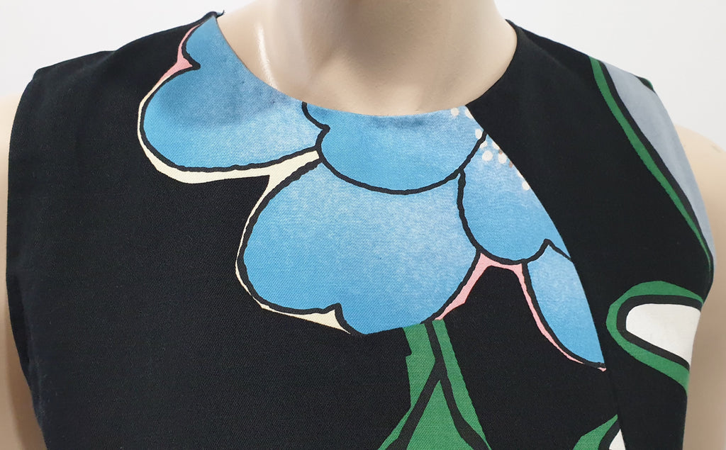 MARNI Black Multi Colour Cotton Linen Bold Floral Print Sleeveless A Line Dress