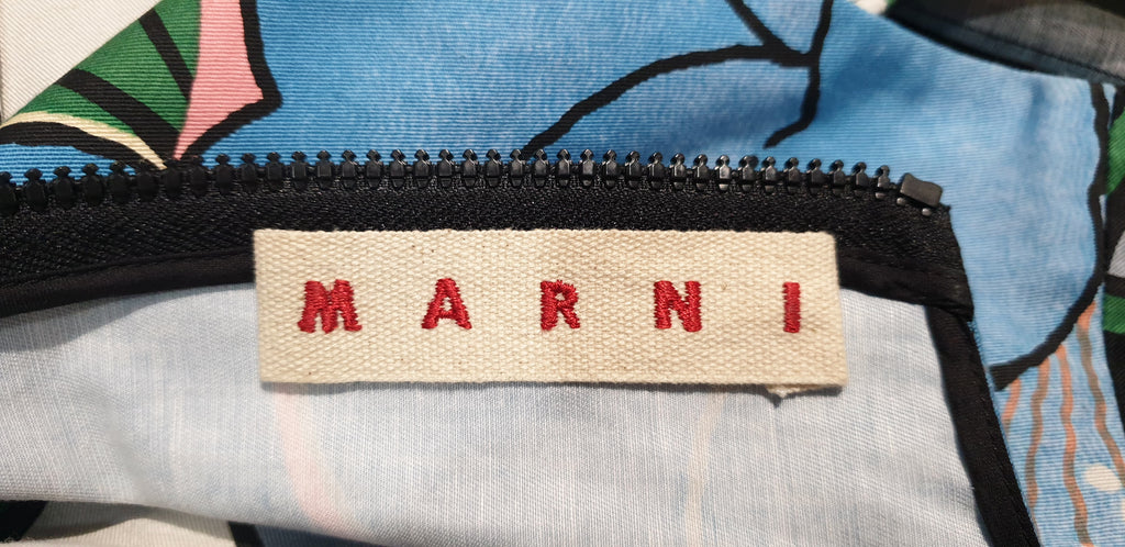 MARNI Black Multi Colour Cotton Linen Bold Floral Print Sleeveless A Line Dress