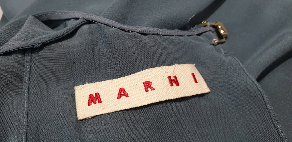 MARNI Dusky Blue Silk Sleeveless Pleated Draped Open Rear Evening Dress 40 UK8