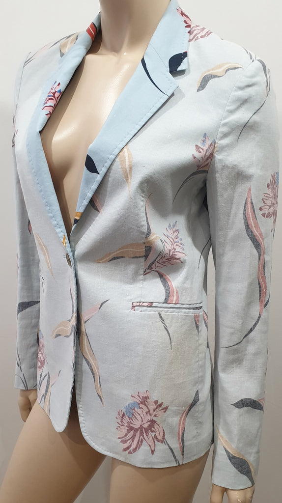 PAUL SMITH Pastel Pale Blue Linen Cotton Blend Bold Floral Print Blazer Jacket