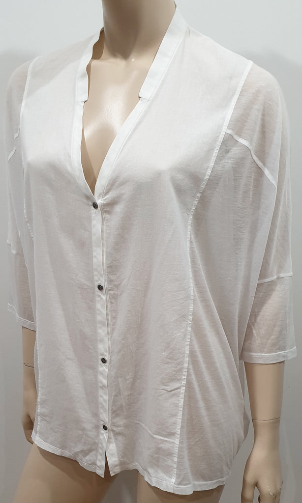 HELMUT LANG White Cotton Semi Sheer Panelled Plunge V Neckline Blouse Shirt M