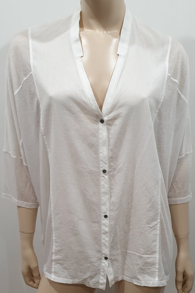 HELMUT LANG White Cotton Semi Sheer Panelled Plunge V Neckline Blouse Shirt M