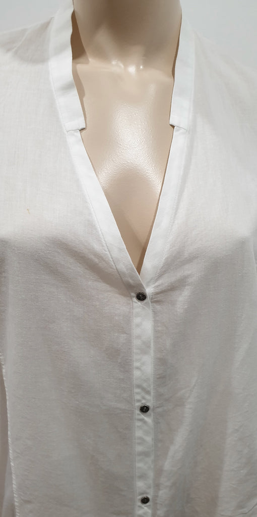 HELMUT LANG White Cotton Semi Sheer Panelled Plunge V Neckline Blouse Shirt M