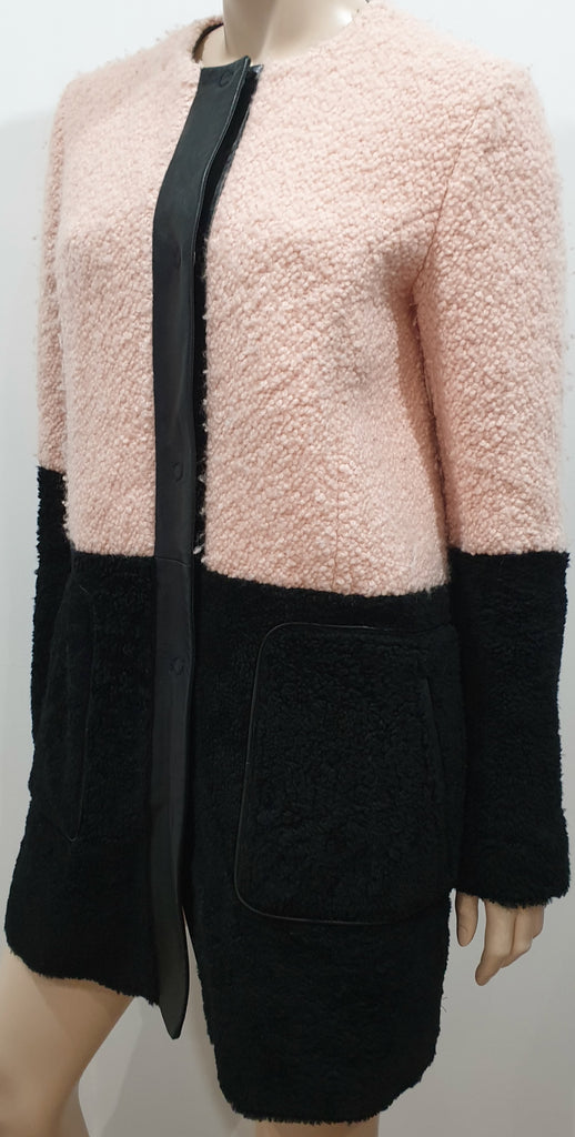 DROMe Pink & Black Wool Round Neck Leather Trim Casual Winter Jacket Coat M