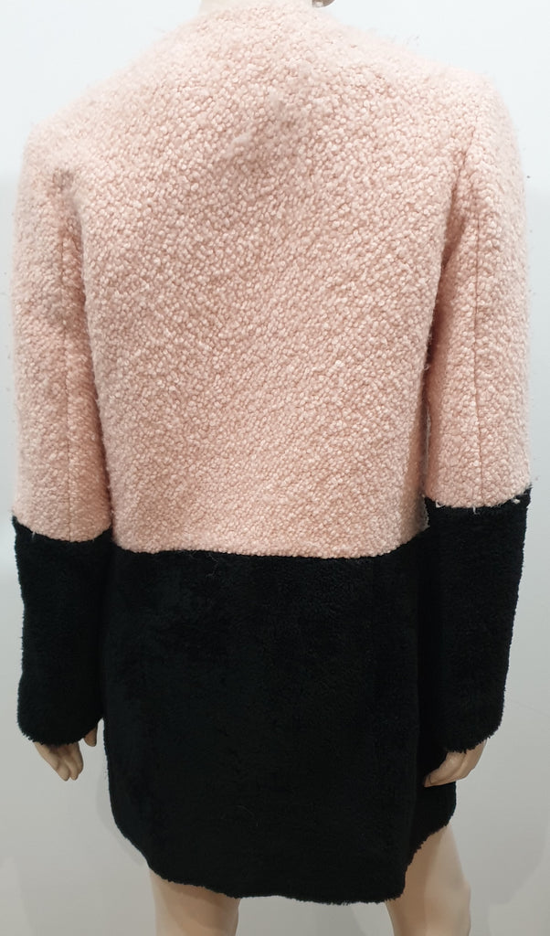 DROMe Pink & Black Wool Round Neck Leather Trim Casual Winter Jacket Coat M