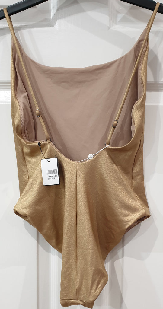 SKIN Gold Dust Metallic Round Neck Low Rear Lined One Piece Swimsuit S/P BNWT