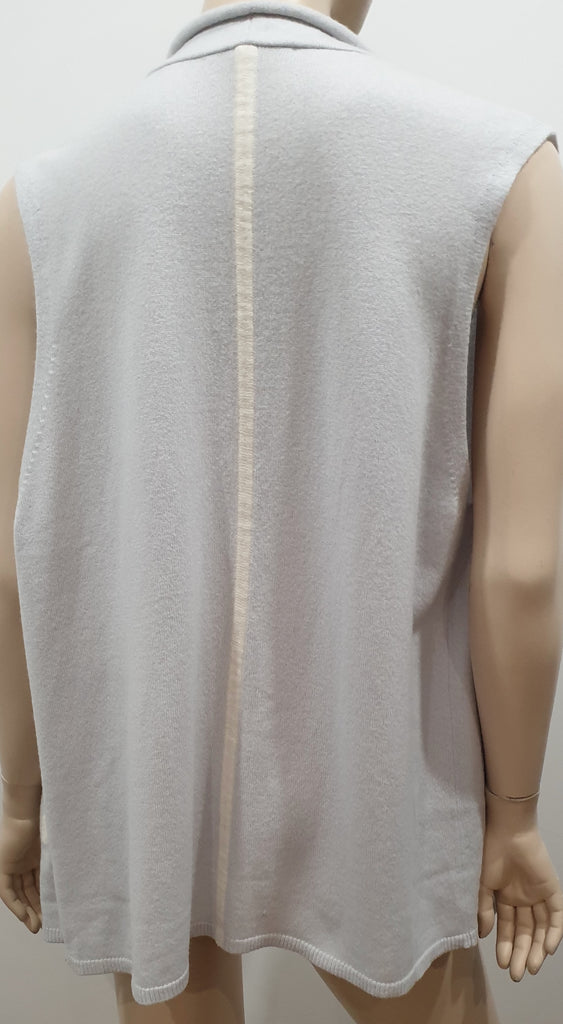 DUFFY Pale Grey & Cream Trim Cashmere Open Front Sleeveless Knitwear Cardigan L
