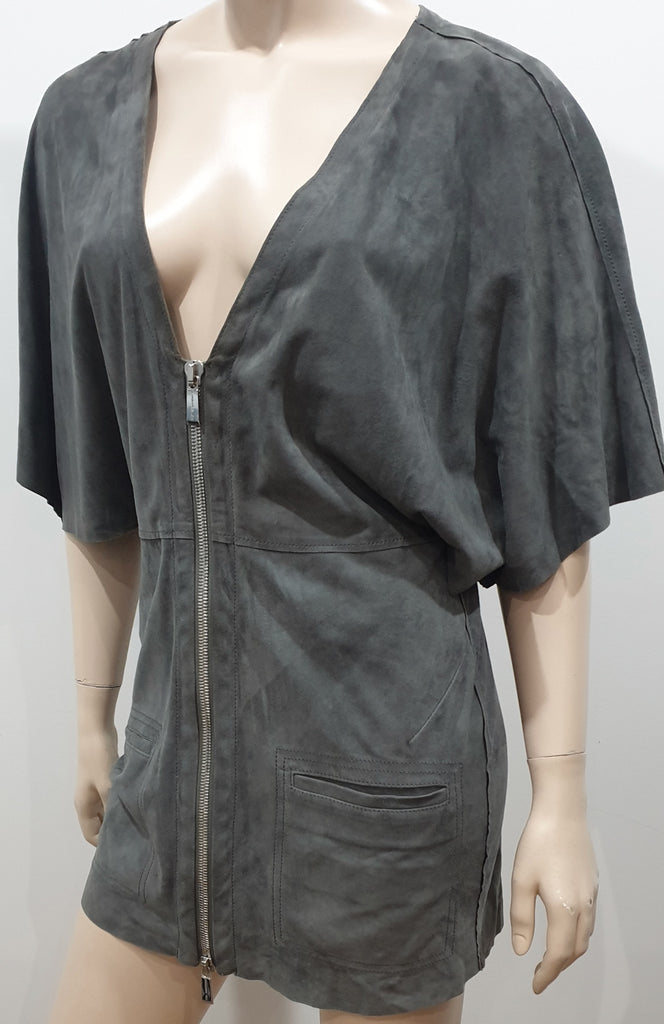 BARBARA BUI Grey Soft Suede Zipper Front Short Batwing Sleeve Jacket F38 UK10