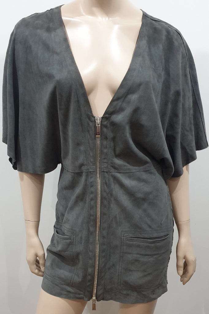 BARBARA BUI Grey Soft Suede Zipper Front Short Batwing Sleeve Jacket F38 UK10