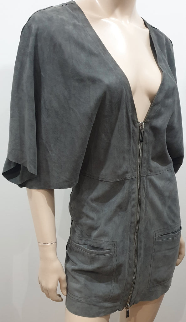 BARBARA BUI Grey Soft Suede Zipper Front Short Batwing Sleeve Jacket F38 UK10