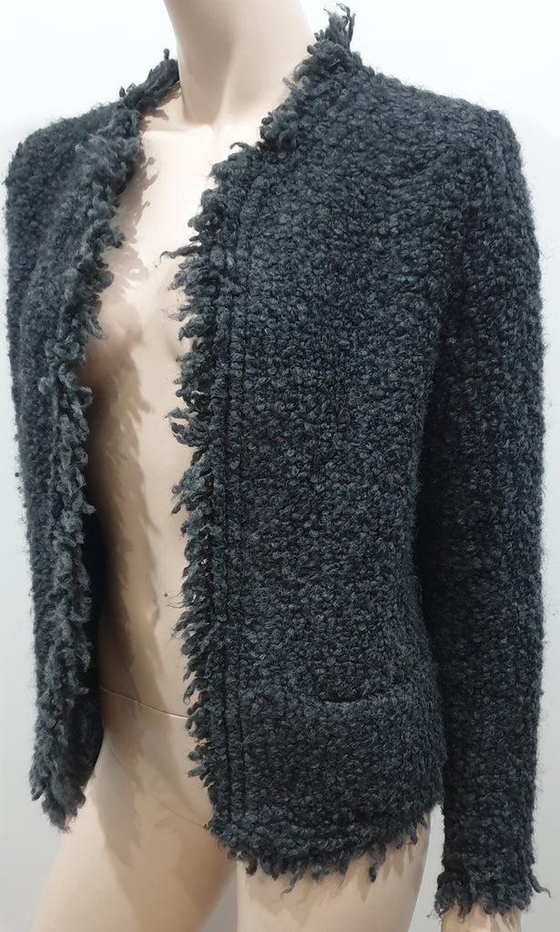 IRO Grey Mohair Blend COFFEY Bobbled Knit Fabric Fringe Trim Blazer Jacket UK14