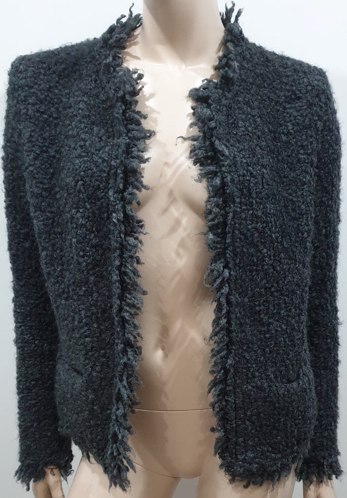 IRO Grey Mohair Blend COFFEY Bobbled Knit Fabric Fringe Trim Blazer Jacket UK14