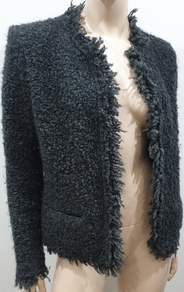 IRO Grey Mohair Blend COFFEY Bobbled Knit Fabric Fringe Trim Blazer Jacket UK14