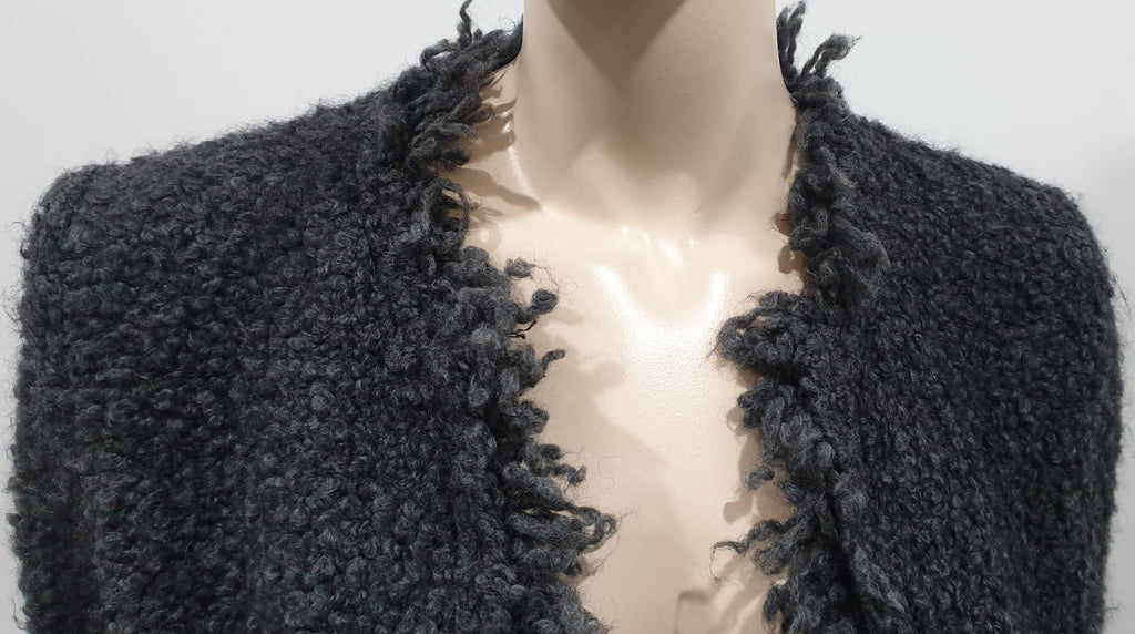 IRO Grey Mohair Blend COFFEY Bobbled Knit Fabric Fringe Trim Blazer Jacket UK14