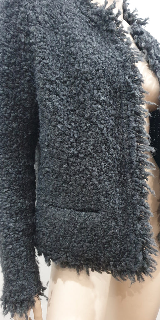IRO Grey Mohair Blend COFFEY Bobbled Knit Fabric Fringe Trim Blazer Jacket UK14