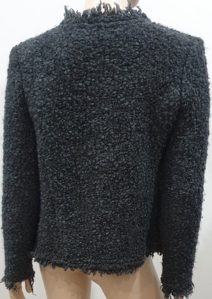 IRO Grey Mohair Blend COFFEY Bobbled Knit Fabric Fringe Trim Blazer Jacket UK14