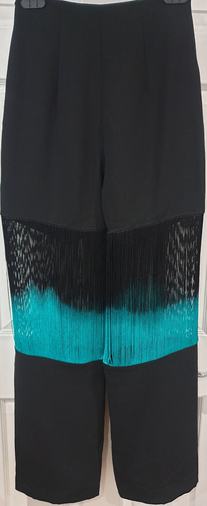 GEORGE KEBURIA Black With Green & Black String Detail Wide Leg Trousers Pants M