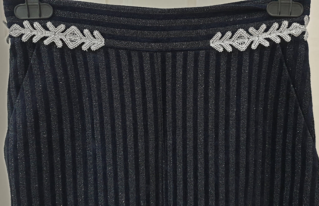 PETER PILOTTO Navy Blue Metallic Sparkle Pinstripe Wide Leg Crop Trousers Pants