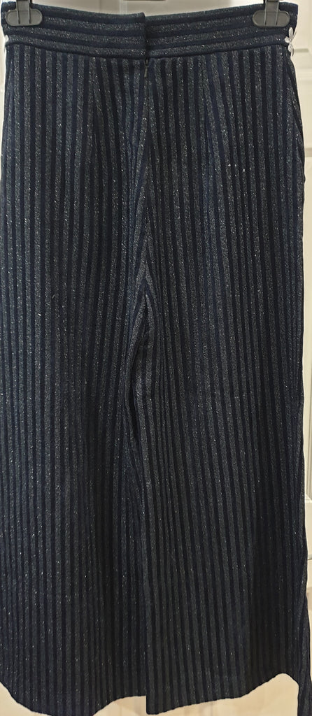 PETER PILOTTO Navy Blue Metallic Sparkle Pinstripe Wide Leg Crop Trousers Pants