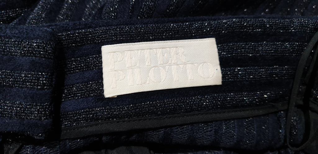 PETER PILOTTO Navy Blue Metallic Sparkle Pinstripe Wide Leg Crop Trousers Pants