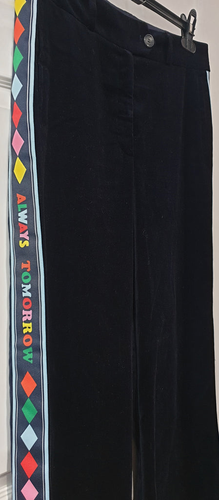 MIRA MIKATI Midnight Blue Black Printed Side Wide Leg Velvet Trousers Pants UK12