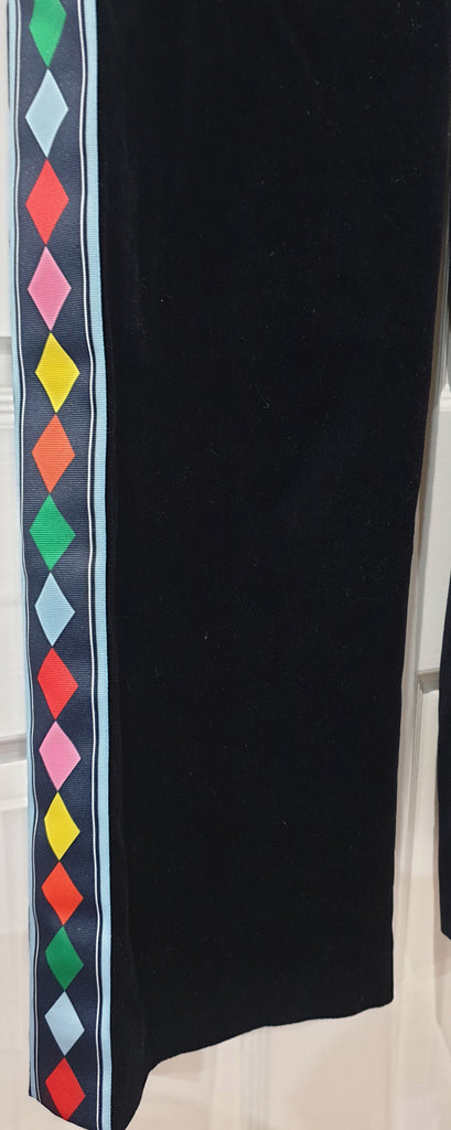 MIRA MIKATI Midnight Blue Black Printed Side Wide Leg Velvet Trousers Pants UK12