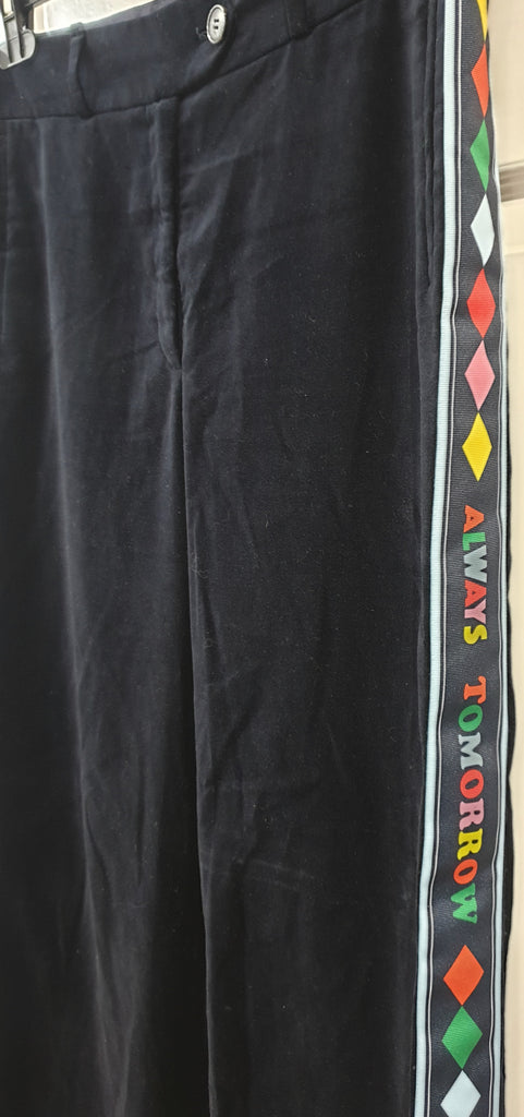 MIRA MIKATI Midnight Blue Black Printed Side Wide Leg Velvet Trousers Pants UK12