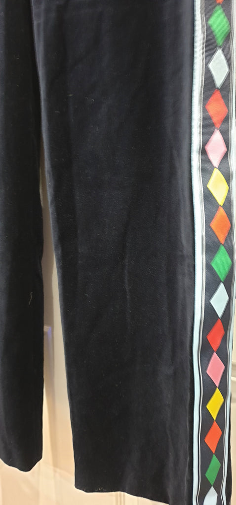 MIRA MIKATI Midnight Blue Black Printed Side Wide Leg Velvet Trousers Pants UK12