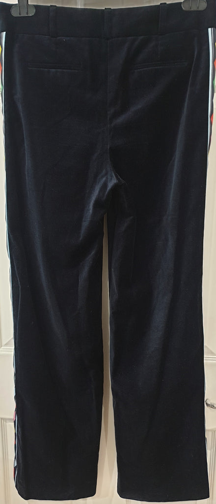 MIRA MIKATI Midnight Blue Black Printed Side Wide Leg Velvet Trousers Pants UK12