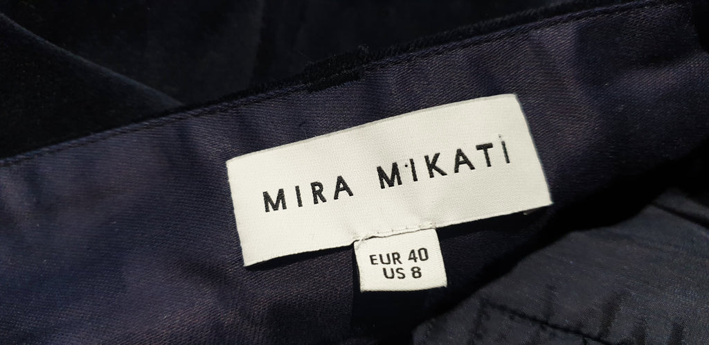 MIRA MIKATI Midnight Blue Black Printed Side Wide Leg Velvet Trousers Pants UK12