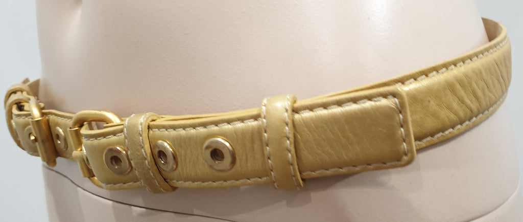 ELIE SAAB Soft Matt Gold Leather Dual Gold Tone Hardware Buckle Slim Belt Sz:40P