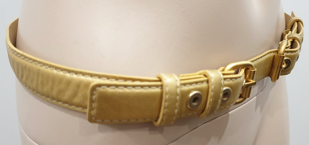 ELIE SAAB Soft Matt Gold Leather Dual Gold Tone Hardware Buckle Slim Belt Sz:40P