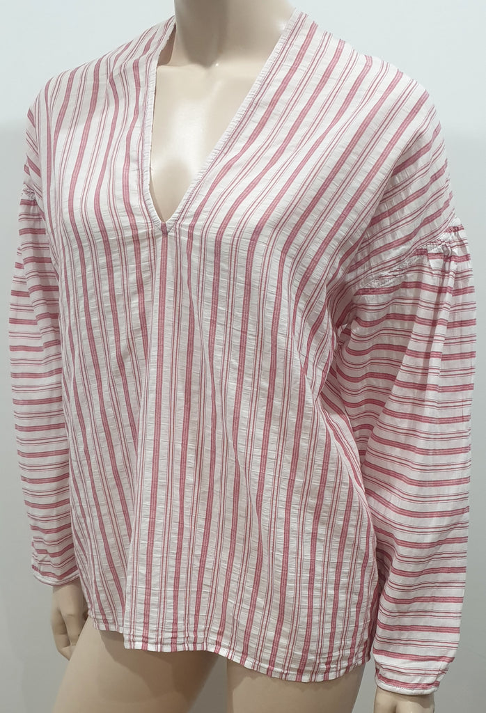 VINCE White Pink Red Striped 100% Cotton V Neck Long Sleeve Tunic Blouse Shirt S