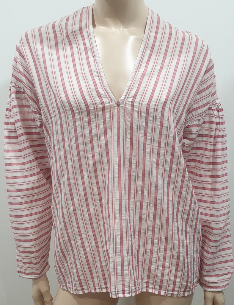 VINCE White Pink Red Striped 100% Cotton V Neck Long Sleeve Tunic Blouse Shirt S