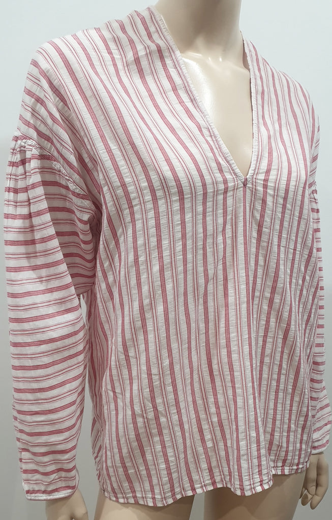 VINCE White Pink Red Striped 100% Cotton V Neck Long Sleeve Tunic Blouse Shirt S
