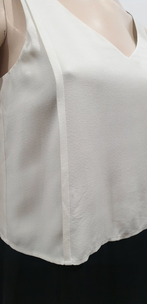 EILEEN FISHER Cream & Black 100% Silk V Neck Sleeveless Short Mini Slip Dress XS