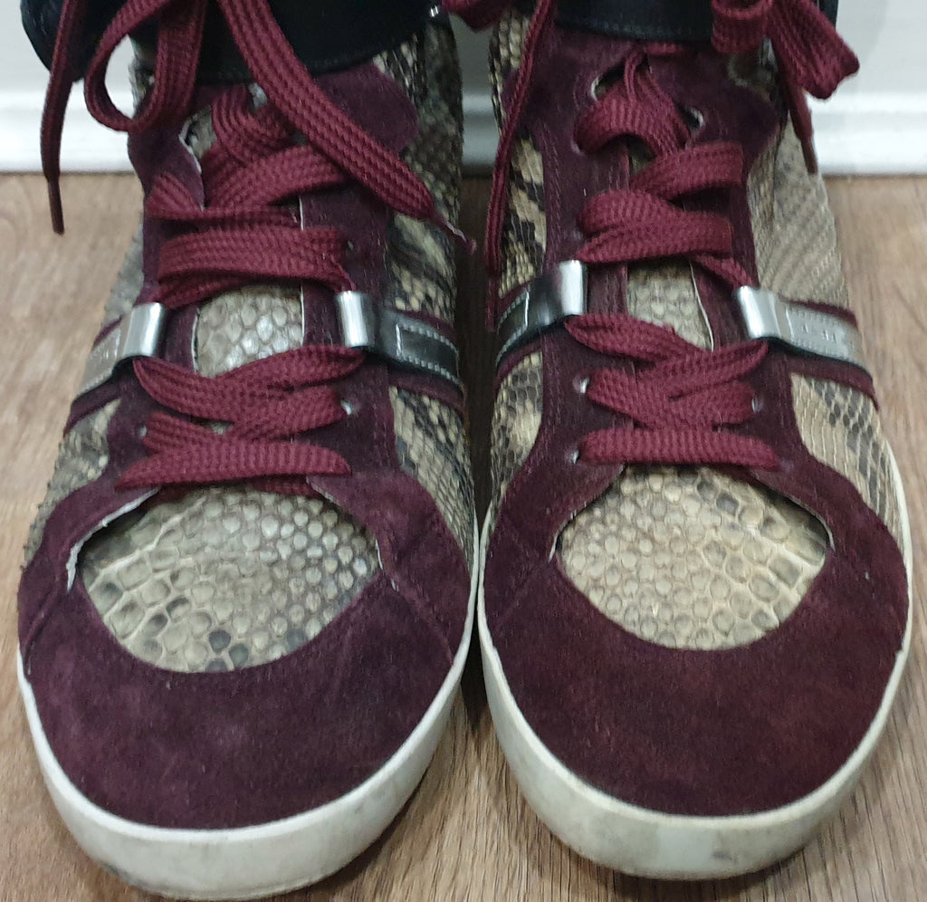 BARBARA BUI Burgundy Suede Python Leather Concealed Wedge Hi Top Sneakers 40