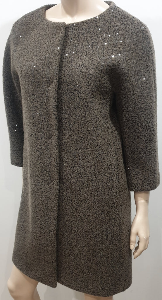 HERNO Khaki Brown Virgin Wool Blend Sequin Embellished Jacket Coat 44 UK12