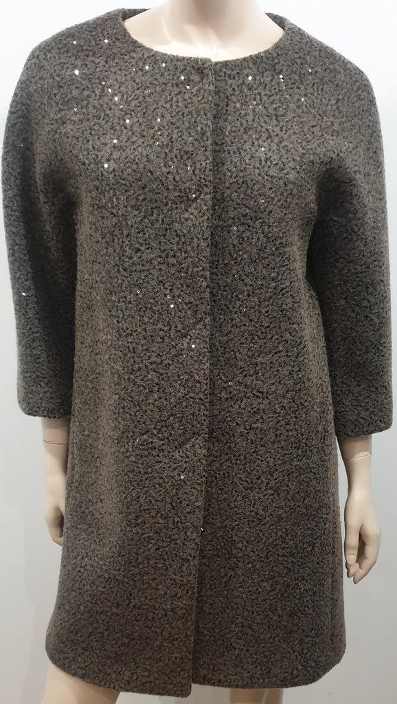 HERNO Khaki Brown Virgin Wool Blend Sequin Embellished Jacket Coat 44 UK12