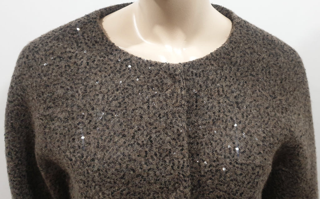 HERNO Khaki Brown Virgin Wool Blend Sequin Embellished Jacket Coat 44 UK12