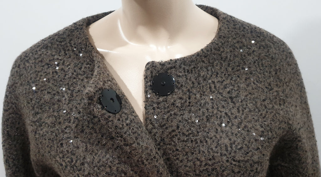 HERNO Khaki Brown Virgin Wool Blend Sequin Embellished Jacket Coat 44 UK12