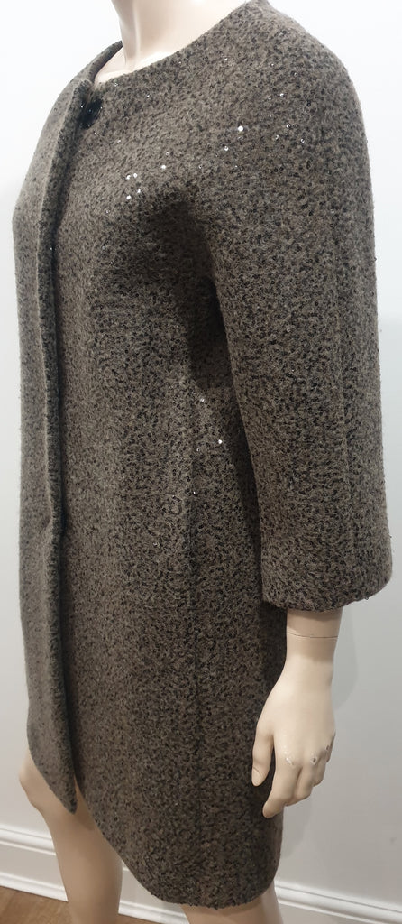HERNO Khaki Brown Virgin Wool Blend Sequin Embellished Jacket Coat 44 UK12