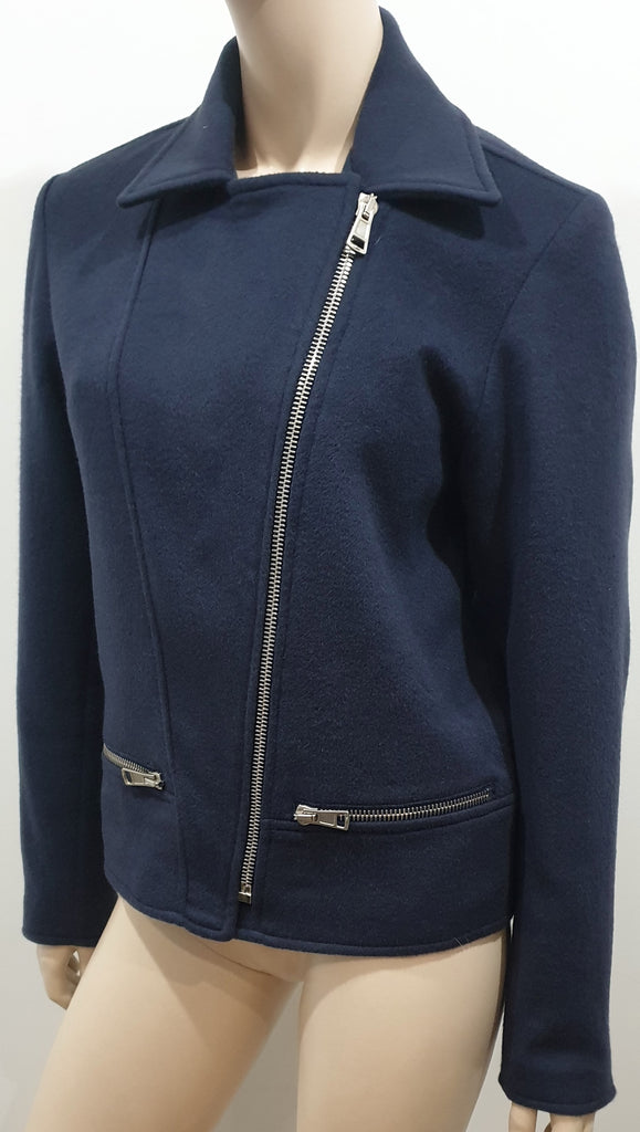 RICHARD NICOLL Navy Blue Wool Blend Collared Silver Zipper Blazer Jacket UK8