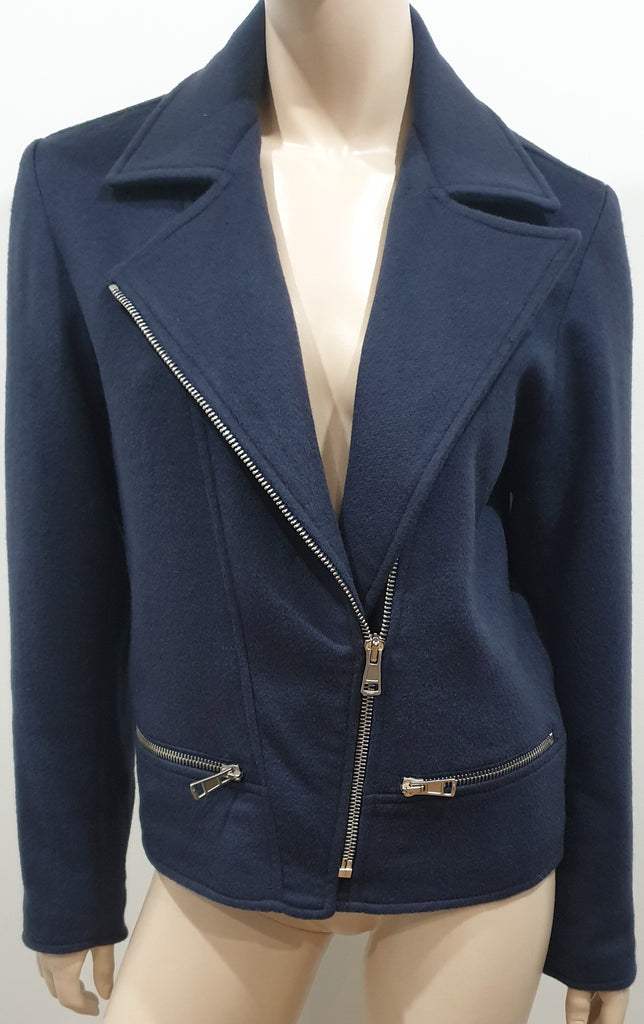 RICHARD NICOLL Navy Blue Wool Blend Collared Silver Zipper Blazer Jacket UK8