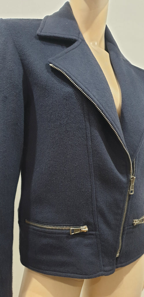 RICHARD NICOLL Navy Blue Wool Blend Collared Silver Zipper Blazer Jacket UK8