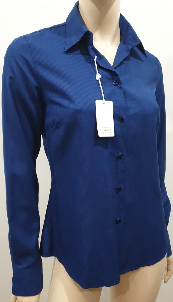 AGNONA Navy Blue Silk Embossed Stripe Collared Formal Blouse Shirt Top 42 UK10