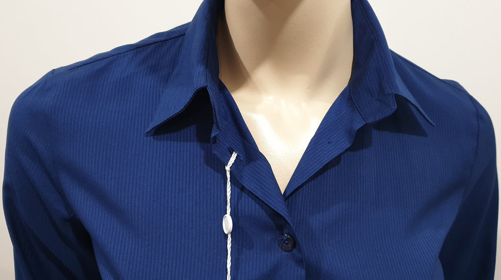 AGNONA Navy Blue Silk Embossed Stripe Collared Formal Blouse Shirt Top 42 UK10