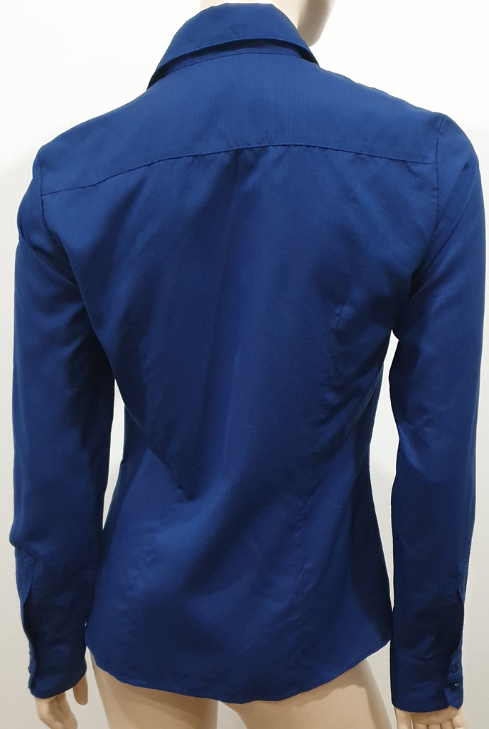 AGNONA Navy Blue Silk Embossed Stripe Collared Formal Blouse Shirt Top 42 UK10