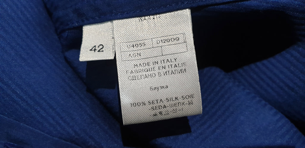 AGNONA Navy Blue Silk Embossed Stripe Collared Formal Blouse Shirt Top 42 UK10